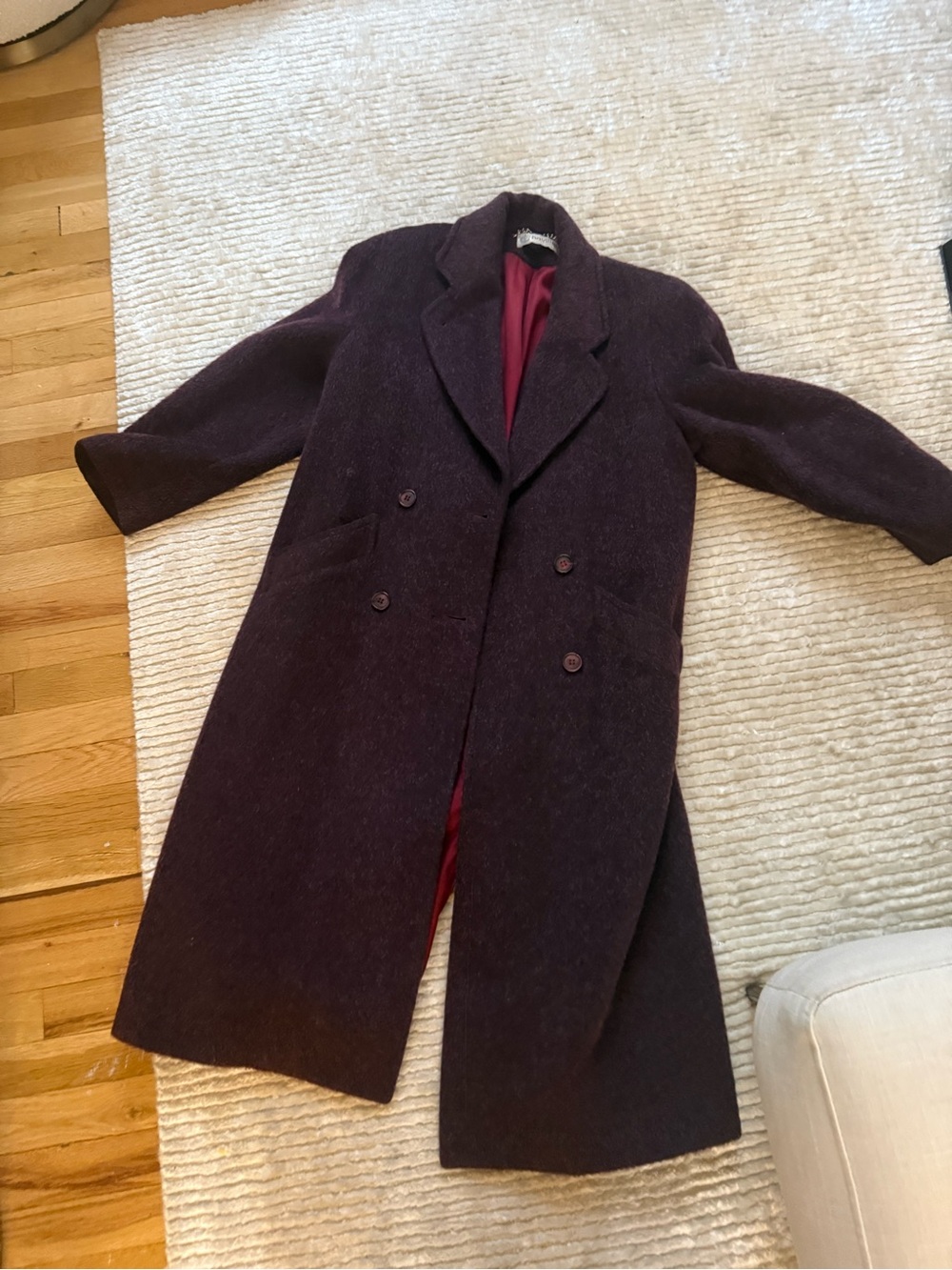 Long Dark Plum Wool Overcoat with Red Lining